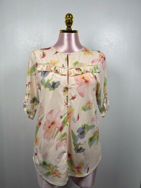 Luna Floral Blouse Size M Sheer Cream Button Front Ruffle Detail Lightweight